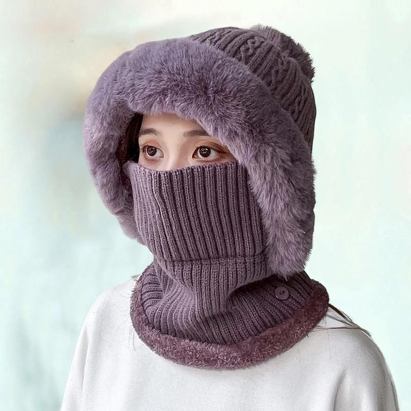 Knitted Hat Multipurpose Pompom Plush Ears Protection Solid Color Autumn Winter Women Face Cover Neck Gaiter Warmer Beanie Cap for Ski