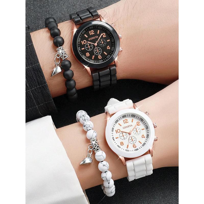 Fashion New Style 4pcs Set Couple's Fashionable and Concise Digitally Indexed Dial Quartz Wristwatch + Heart Shaped Beaded Bracelet Set As A Gift for Students Returning To School