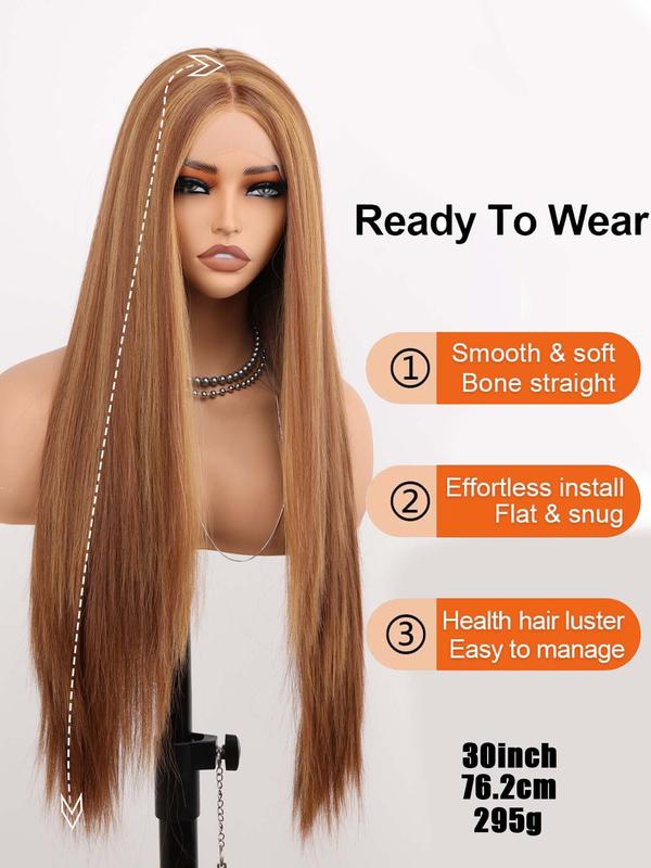 30 Inch Black and Blonde Wig Skunk Stripe Long Straight Lace Front Wigs, for Cosplay, Anime Or Costume Party, Striking Natural Looking Fluffy Hair Wigs without Bangs for Daily & Party