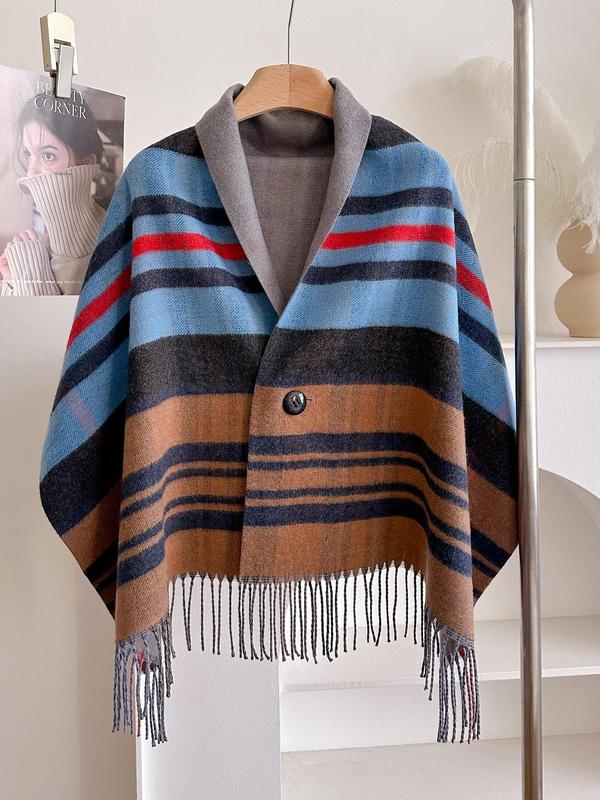 Women's Elegant Plaid Pattern Tassel Decor Shawl, Vintage Style Double Sided Design Cloak Cape Shawl, Fashion Accessories for Fall & Winter