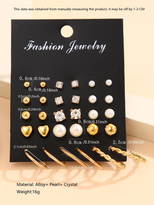 15 Pairs Simple Geometric Heart Faux Pearl Stud Earrings & Hoop Earrings, Casual and Versatile Jewelry Accessories for Women