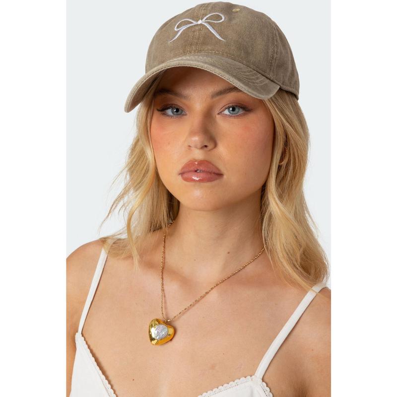 Embroidered Bow Washed Baseball Cap