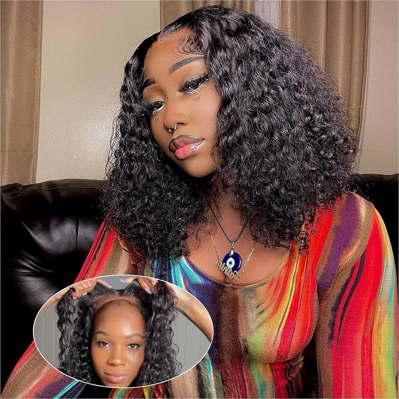 OMSWET Glueless Curly Wigs Human Hair Pre Plucked Curly BOB Wig Human Hair 5x5 HD Lace Closure Wigs Human Hair Wigs for Women Black Deep Wave Pre Plucked Lace Wig Wear and Go 180 Density 14 inch