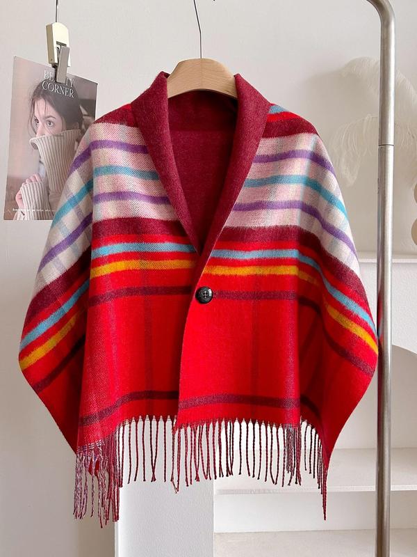 Women's Elegant Plaid Pattern Tassel Decor Shawl, Vintage Style Double Sided Design Cloak Cape Shawl, Fashion Accessories for Fall & Winter