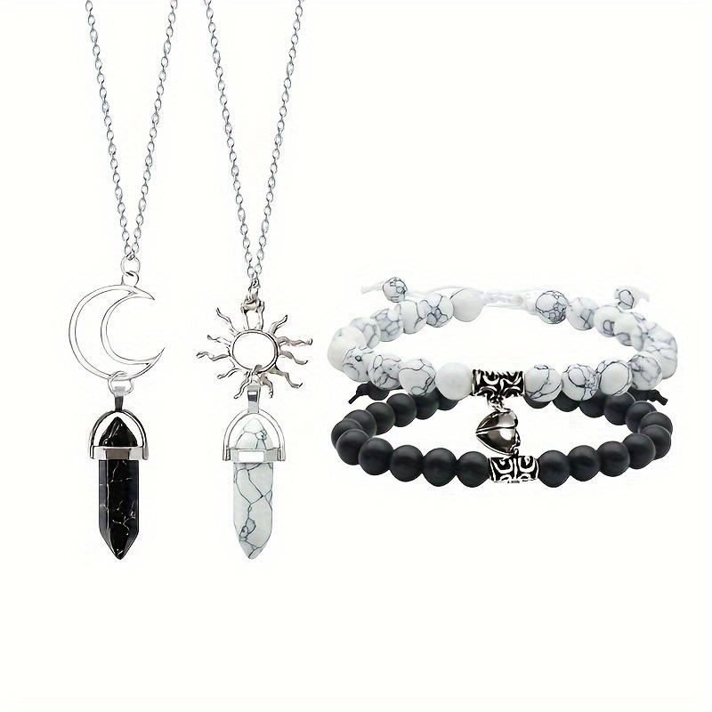 A Set of Four-Piece Set Black and White Lovers' Magnet Attraction Bracelet and Multi-Layer Necklace, Romantic Stone Beads Lucky Charm Bracelet, Perfect Gift for Best Friends Lovers lobster clasp