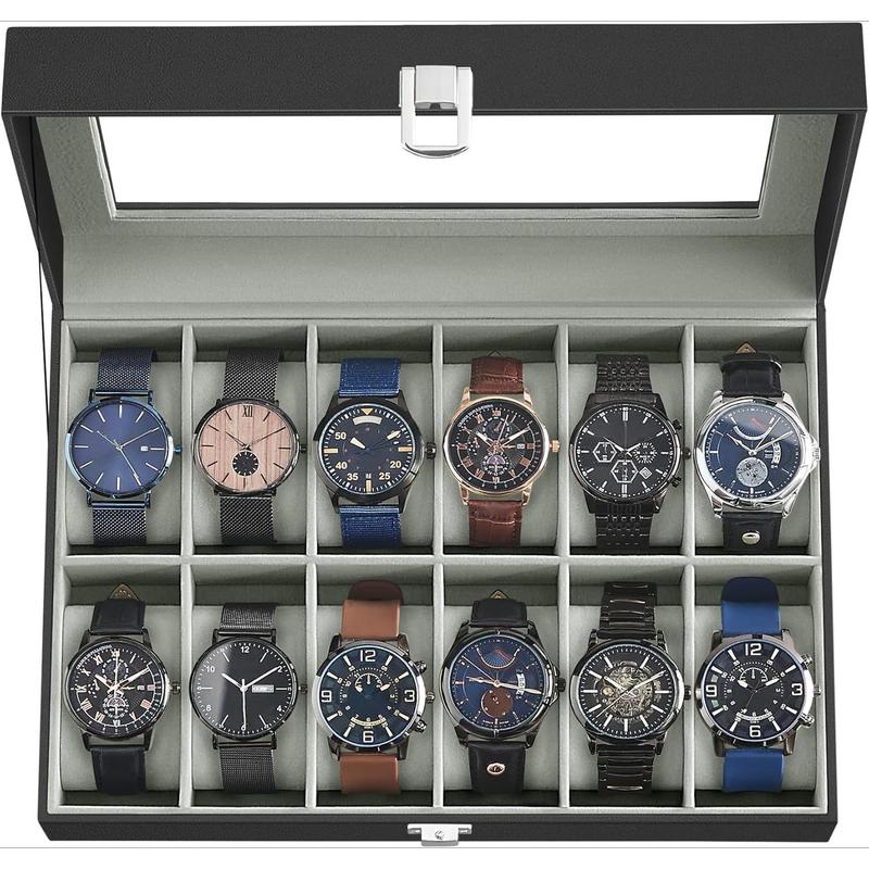 Watch Box, 12-Slot Watch Case with Large Glass Lid, Removable Watch Pillows, Watch Box Organizer, Gift for Loved Ones, Black , Gray