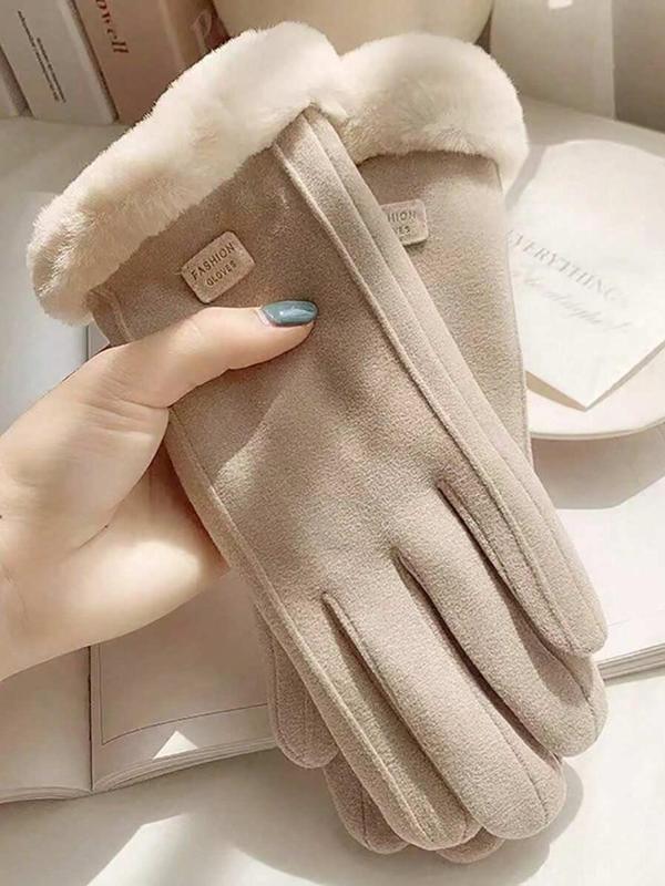 Women's Solid Color Label Patched Design Contrast Faux Fur Lined Touchscreen Gloves, Casual Trendy Warm Gloves for Fall & Winter, Fashionable Gloves for Women & Girls