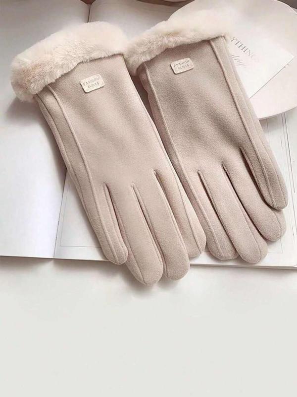 Women's Solid Color Label Patched Design Contrast Faux Fur Lined Touchscreen Gloves, Casual Trendy Warm Gloves for Fall & Winter, Fashionable Gloves for Women & Girls