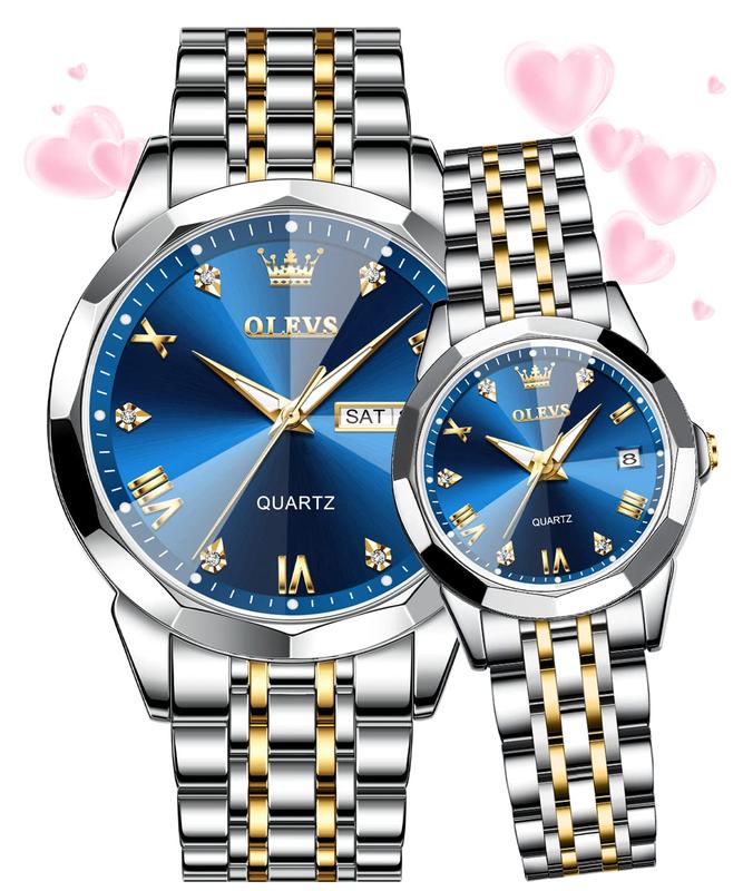 OLEVS Couple Watch His and Her Set Watches Business Analog Quartz Men and Women Watches Stainless Steel Waterproof Luminous Date Wrist Watch