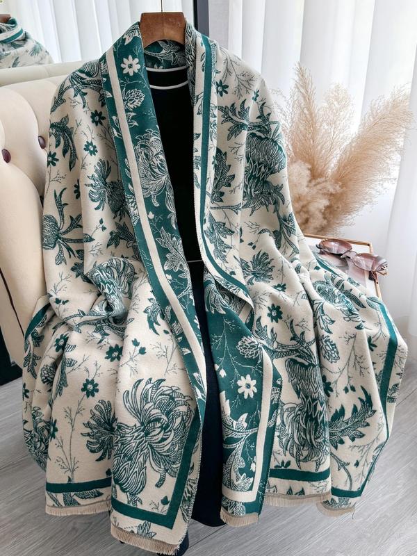 Floral Print Fringe Trim Double Side Shawl, Casual Soft Warm Scarf for Fall & Winter, Fashion Accessories for Women & Men