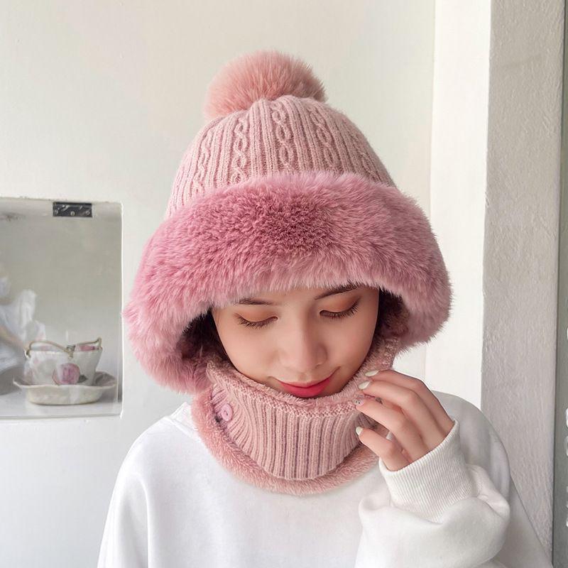 Knitted Hat Multipurpose Pompom Plush Ears Protection Solid Color Autumn Winter Women Face Cover Neck Gaiter Warmer Beanie Cap for Ski