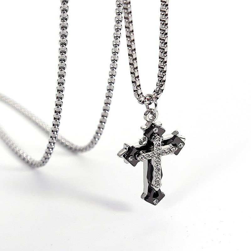 Cross Necklace for Men, Silver Tone Gold Plated Black Mens Cross Necklaces with 3.5mm Cross Chain and Stainless Steel Cross Pendant, Cuban Chain 16-28 Inch