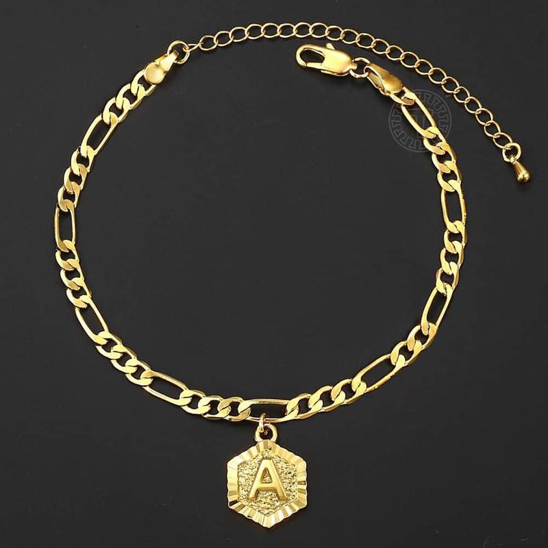 Hermah Hexagon Initial Letter Charm Figaro Anklet Bracelet Gold Color for Women - Gold Plated Foot Chain