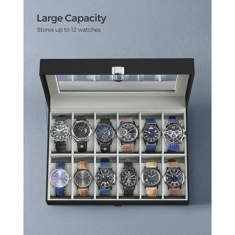 Watch Box, 12-Slot Watch Case with Large Glass Lid, Removable Watch Pillows, Watch Box Organizer, Gift for Loved Ones, Black , Gray