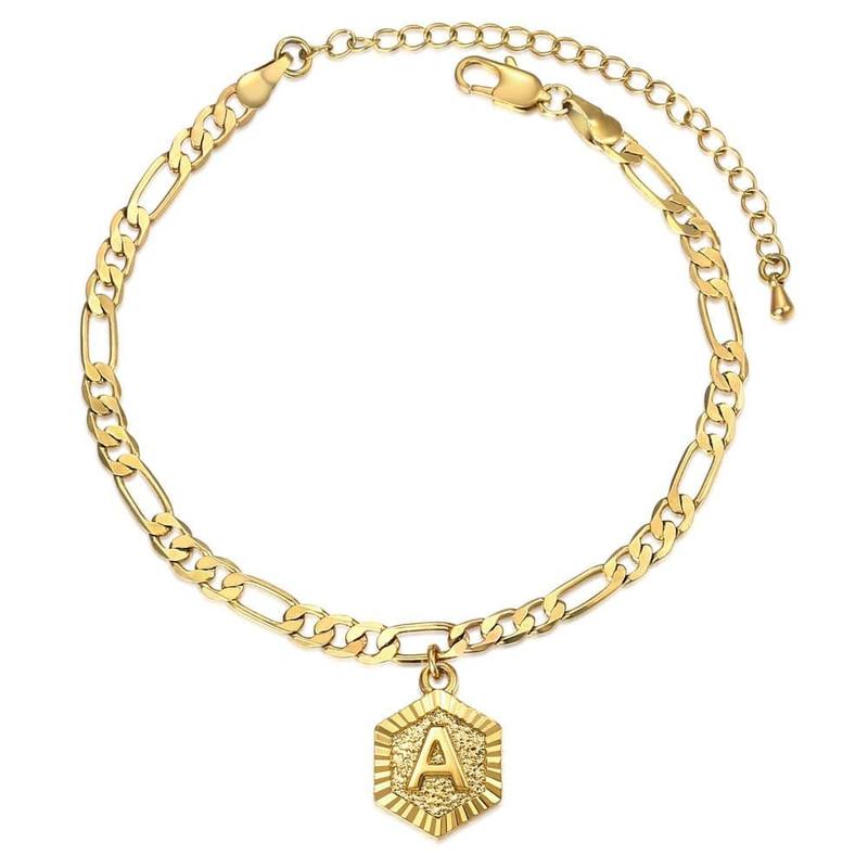 Hermah Hexagon Initial Letter Charm Figaro Anklet Bracelet Gold Color for Women - Gold Plated Foot Chain