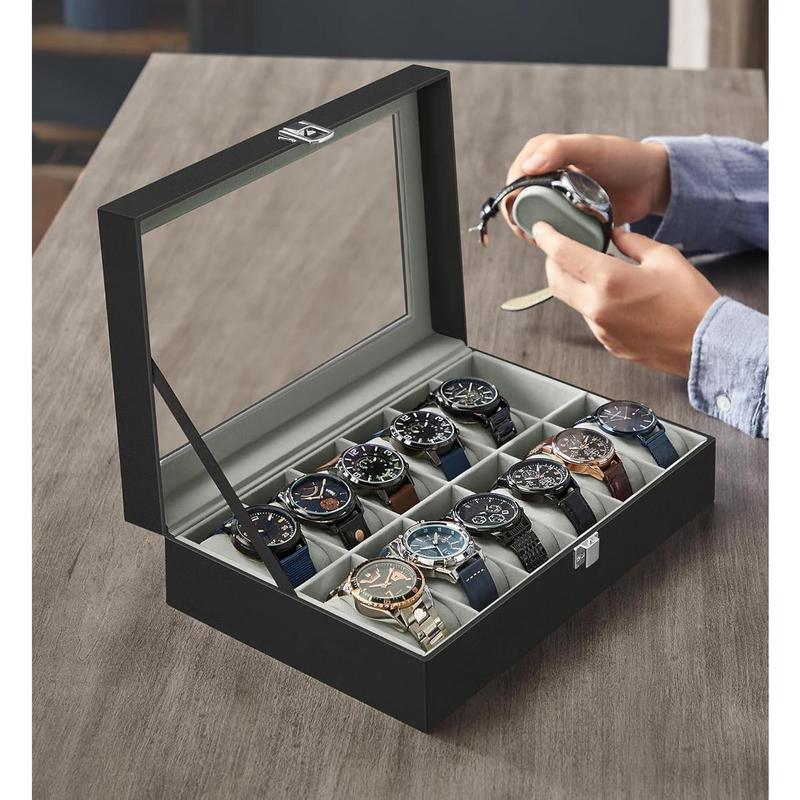 Watch Box, 12-Slot Watch Case with Large Glass Lid, Removable Watch Pillows, Watch Box Organizer, Gift for Loved Ones, Black , Gray