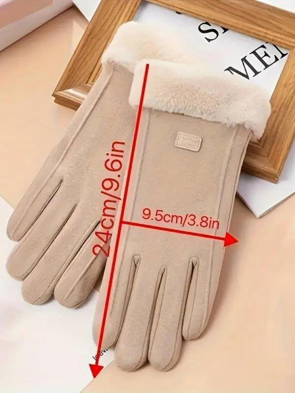 Women's Solid Color Label Patched Design Contrast Faux Fur Lined Touchscreen Gloves, Casual Trendy Warm Gloves for Fall & Winter, Fashionable Gloves for Women & Girls