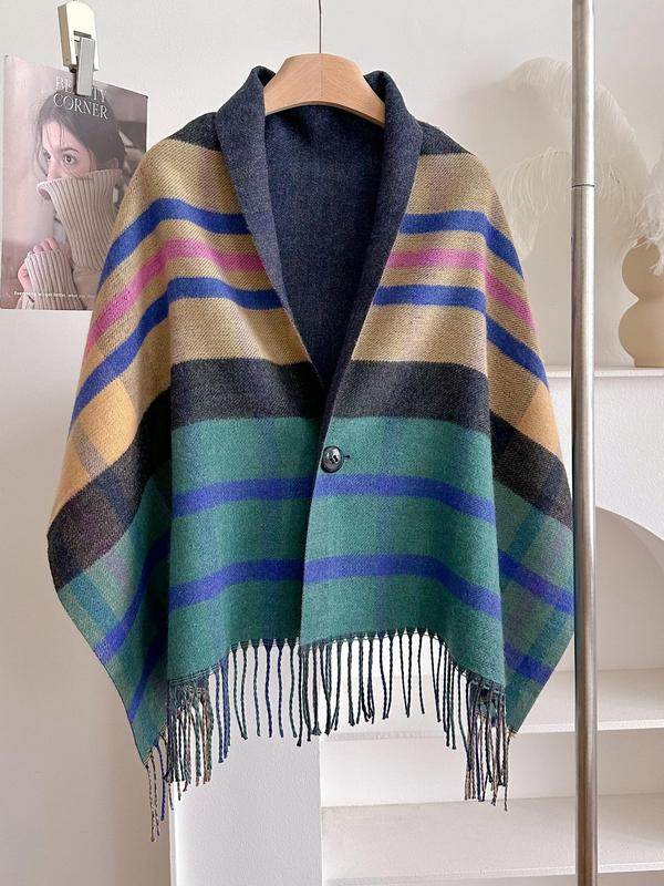 Women's Elegant Plaid Pattern Tassel Decor Shawl, Vintage Style Double Sided Design Cloak Cape Shawl, Fashion Accessories for Fall & Winter