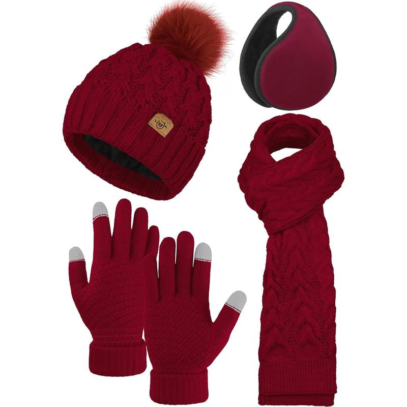 4 Packs Winter Warm Set Knitted Pompom Hat Scarf Touch Screen Gloves Ear Warmer 4 In 1 Set for Men or Women