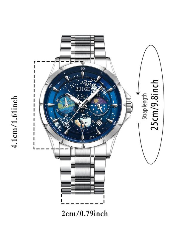 Men's Casual Business Analog Quartz Watch with Stainless Steel Band, Fashion Calendar & Luminous Dial Design Wristwatch As Gift, with Box