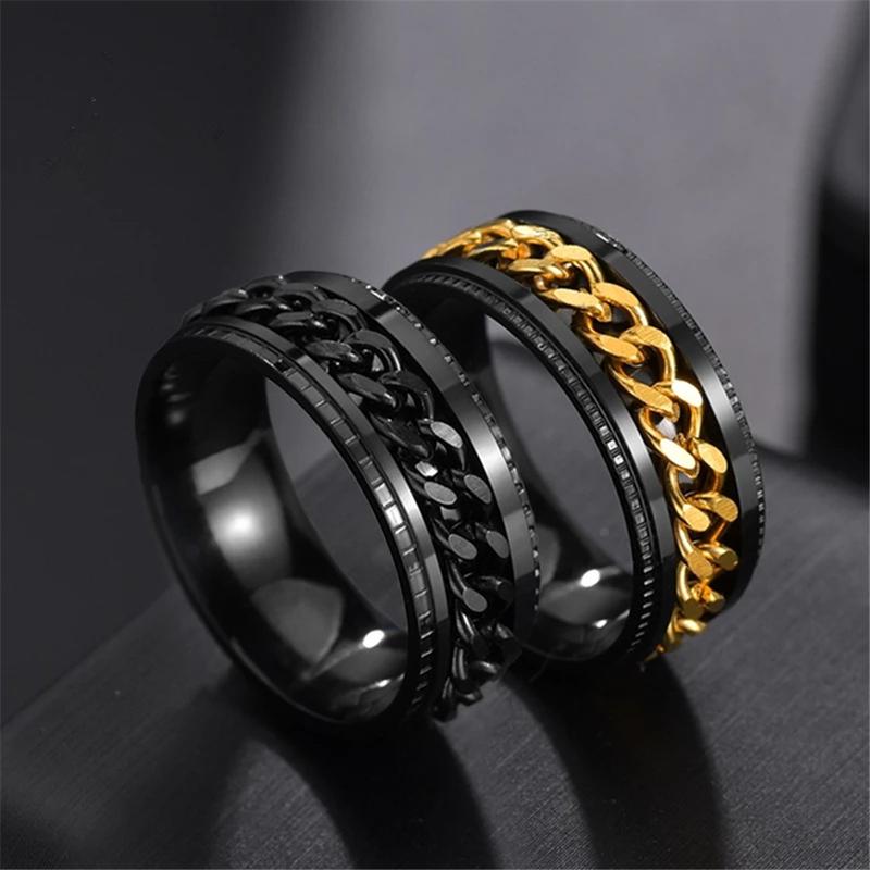 Men's Vintage Stainless Steel Link Anxiety Ring Simple Punk Fashion Chain Turnable Ring