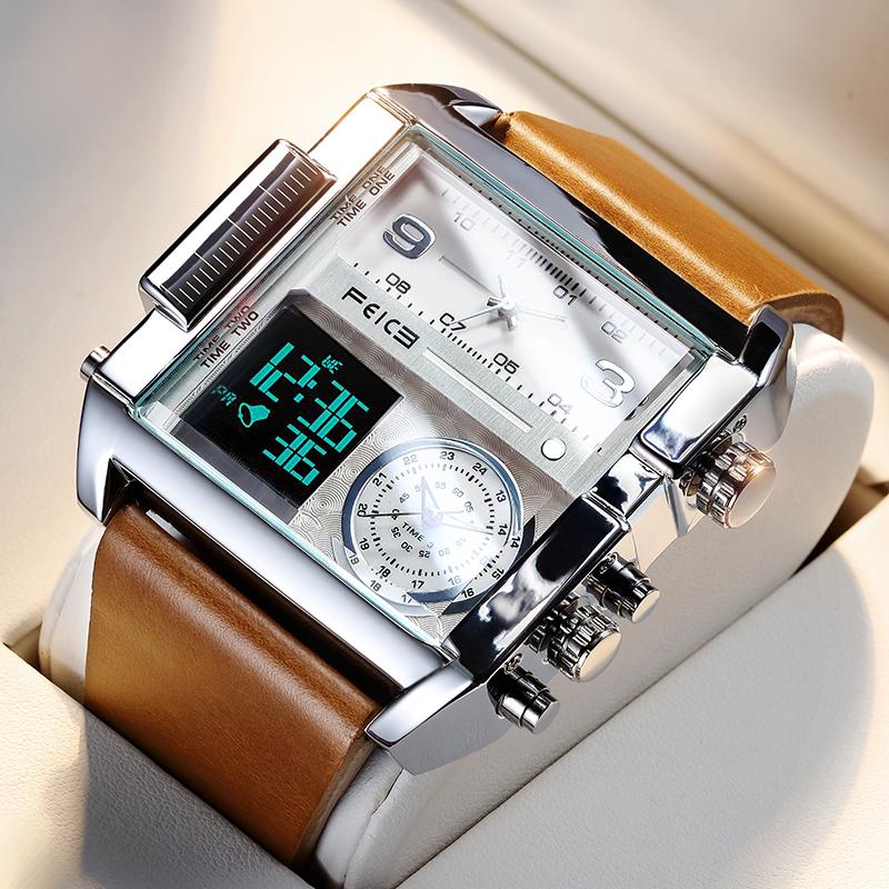 FEICE Multifunctional Square Men's Watch 2024 New Personality Large Dial Fashion Sports Watch Luminous Waterproof Rare Watch Silver