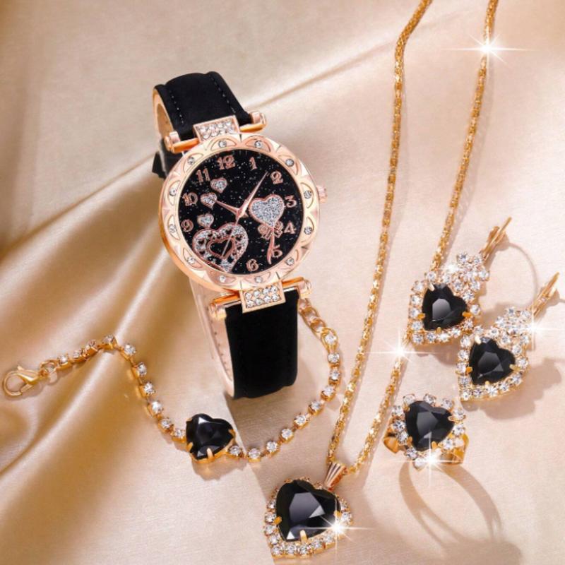 Ladies Watch 6pcs Set Ladies' White Pu Strap Quartz Watch With 'love' Dial And Heart Shaped Jewelry Set