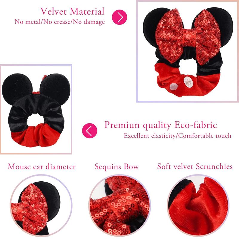 6 Pack Mouse Mickey Ears Scrunchies Velvet Sparkle Sequin Minnie Bows Hair Scrunchies Hair Ties Elastic Rubber Bands