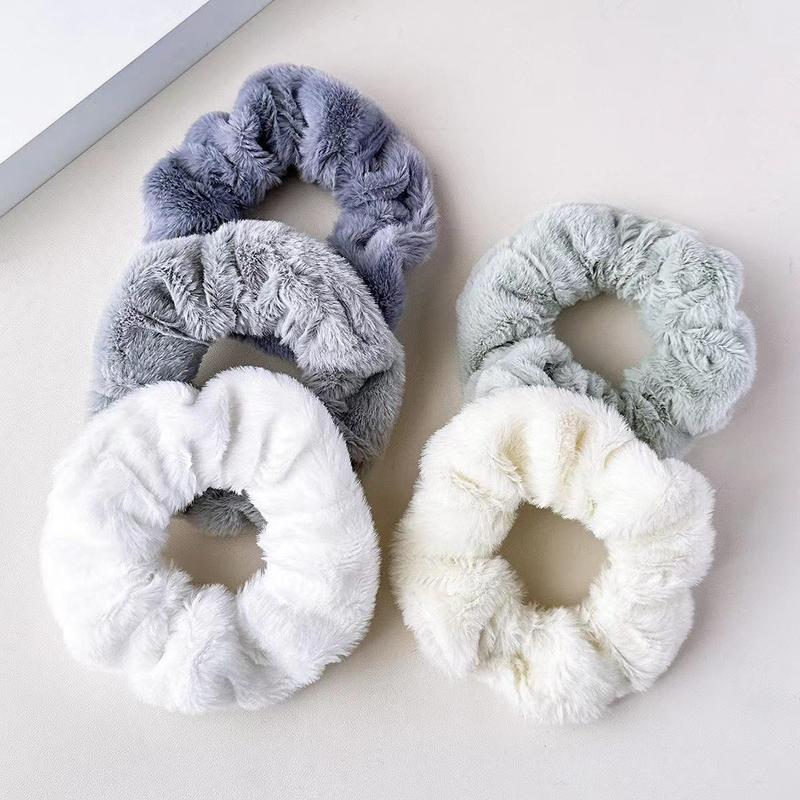 Solid Color Plush Hair Scrunchies Set, 5 Counts Cute Hair Tie, Hair Accessories for Women & Girls, Minimalist Headwear Suitable for Thick Hair