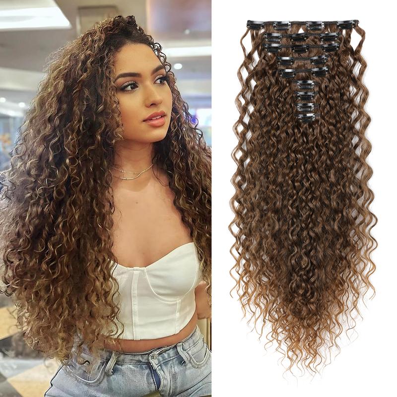 Reecho 9PCS Clip in Hair Extensions 22 Inch Curly Hair Extension Long Soft Synthetic Hairpieces for Women (Dark Brown to Caramel Brown)