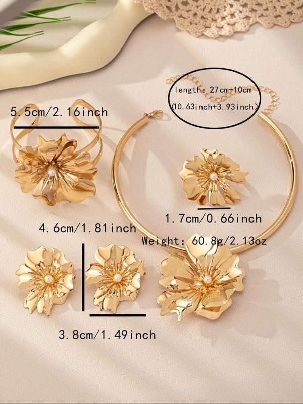 Fashion Faux Pearl Decorated Flower Design Pendant Necklace & Stud Earrings & Ring & Bangle Bracelet, Style Trendy Exquisite Jewelry Set for Party & Daily Decor, Gift for Women & Girls