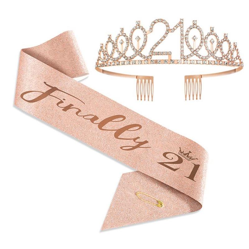 Birthday Crown & Sash Set, 1 Set Rhinestone Crown & Sash, Birthday Party Hat Accessories for Women & Girls