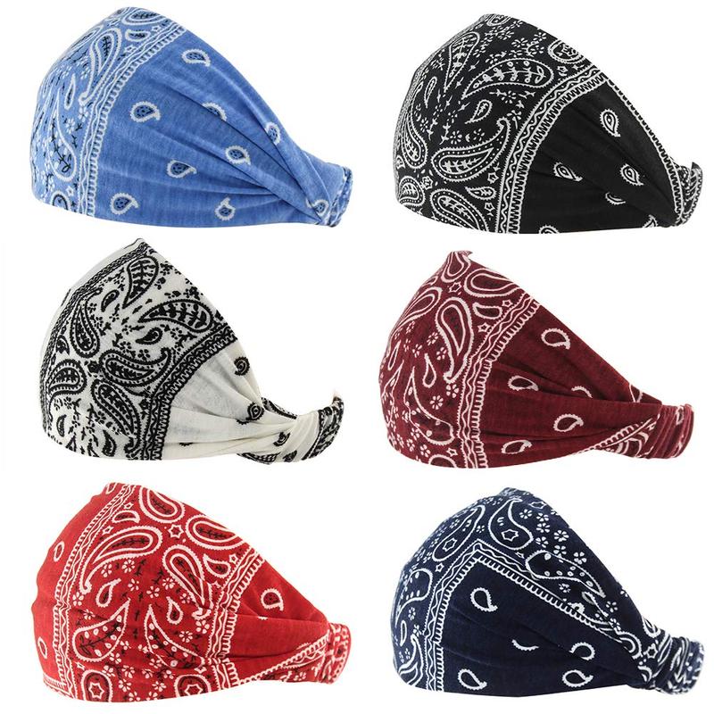 Paisley Bandana Headband for Women with Elastic Yoga Headband Outdoor Hairband Adjustable Turban Headwrap,Pack of 6