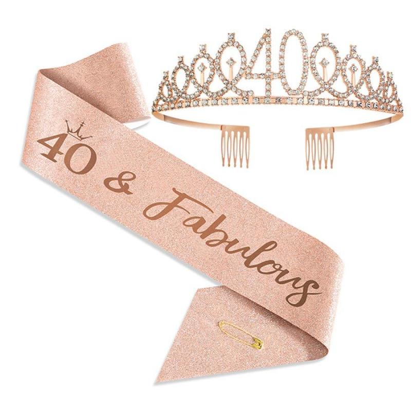 Birthday Crown & Sash Set, 1 Set Rhinestone Crown & Sash, Birthday Party Hat Accessories for Women & Girls