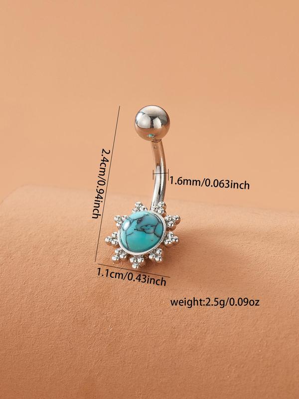 Fashion Turquoise Flower Decor Belly Ring, Casual Stainless Steel Body Jewelry for Women, Elegant All-match Fashion Accessories for Daily Wear