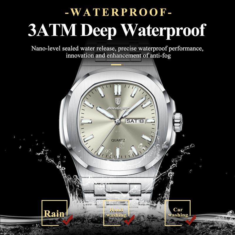 POEDAGAR Luxury Military Man Watch Square Waterproof Luminous Date Week Men Watch Stainless Steel Quartz Men'S Watches Reloj+Box POEDAGAR