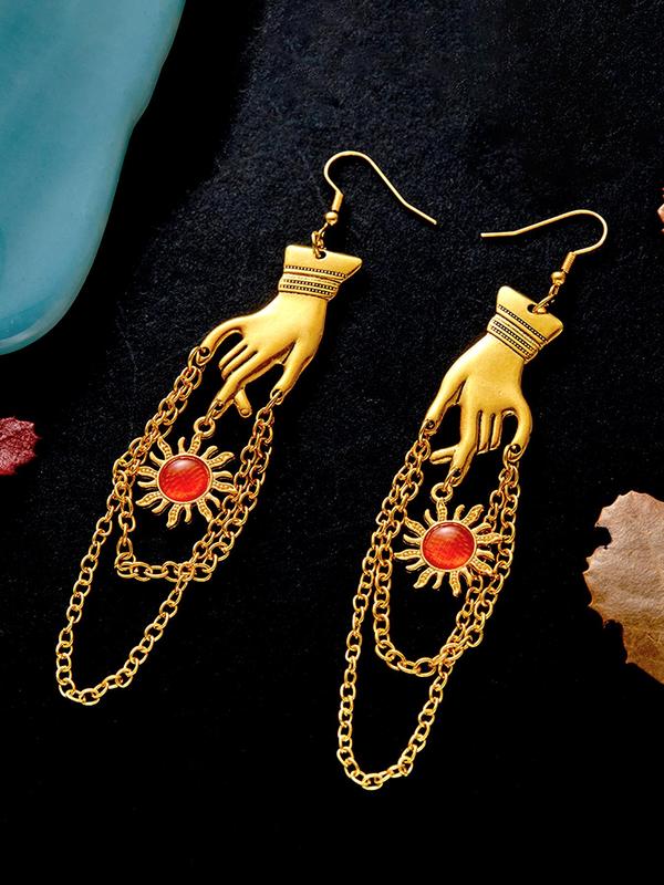 Vintage Hand & Flower Design Dangle Earrings, Punk Style Chain Decor Drop Earrings for Women, Trendy Exquisite Jewelry for Party, Daily Decor