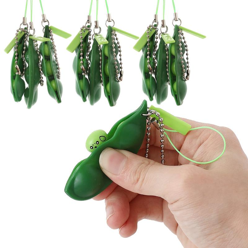 Decorative Keychain, Squeeze-a-Bean Stress Relieving Playful Charms, Extrusion Edamame Pea Keychain for Mobile Phones and Keys