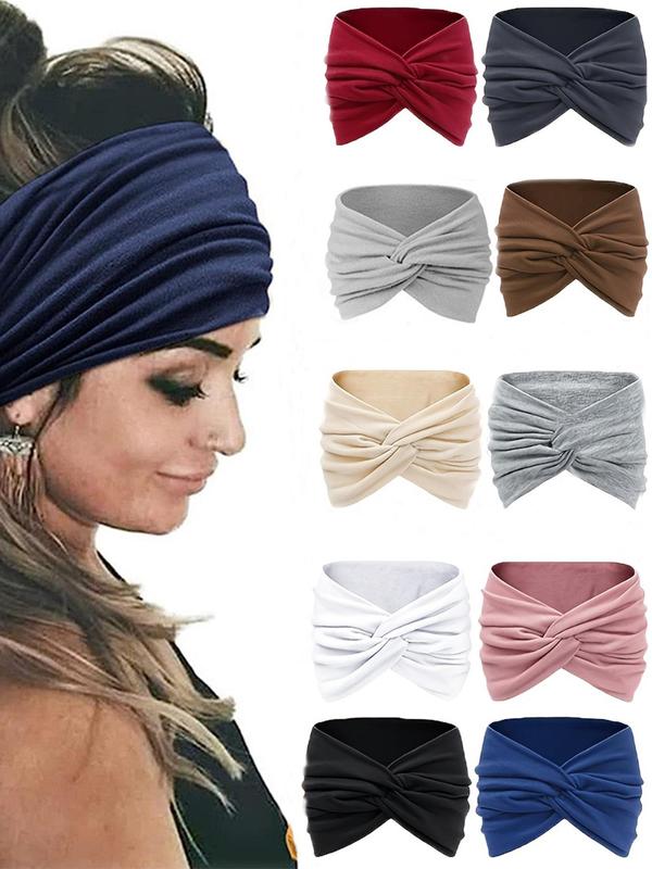 Solid Color Criss Cross Design Headband (10pcs), Casual Elastic Wide Knotted Hair Band for Women & Girls, Soft Comfortable Sweat Absorbing and Non-slip Sport Headband for Hairstyle Ideas Summer 2024