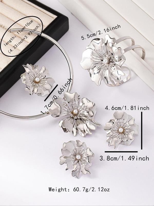 Fashion Faux Pearl Decorated Flower Design Pendant Necklace & Stud Earrings & Ring & Bangle Bracelet, Style Trendy Exquisite Jewelry Set for Party & Daily Decor, Gift for Women & Girls