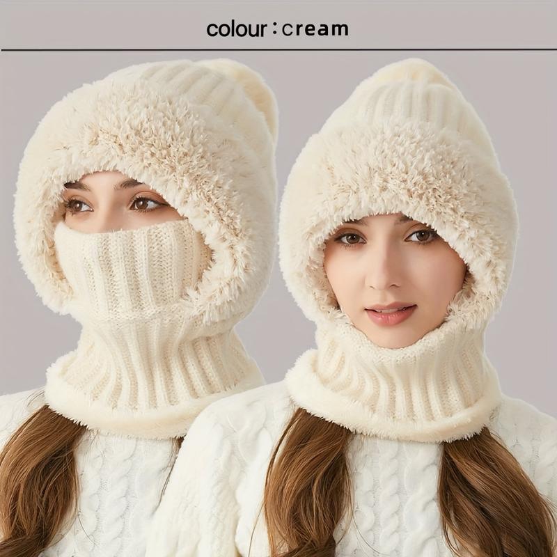 A Winter Knitted Hat-3-in-1 Knitted Hat Scarf Mask with Wool Lining and Ear Flaps Suit-Windproof Warming Kerchief Scarf, Suitable for Cycling, Acrylic Hand Wash Elastic Braided Hat, No Feather