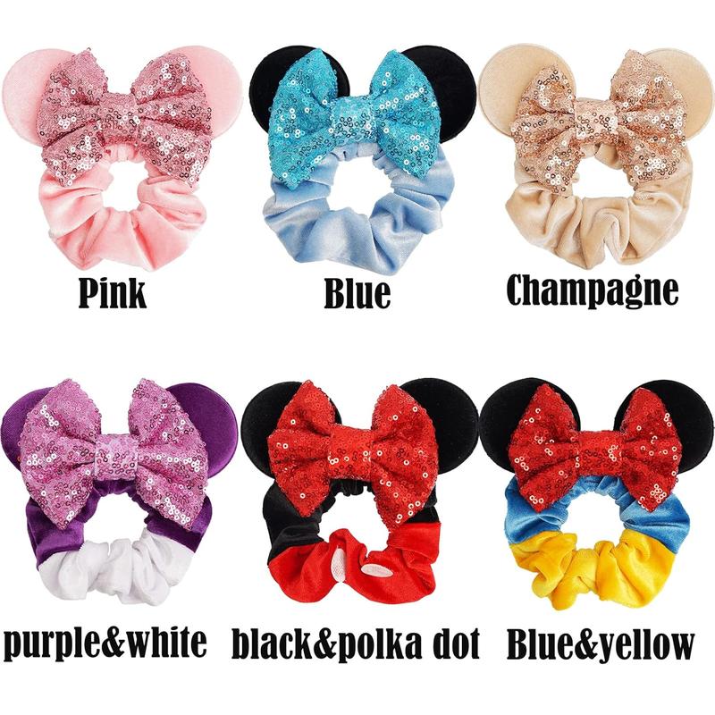 6 Pack Mouse Mickey Ears Scrunchies Velvet Sparkle Sequin Minnie Bows Hair Scrunchies Hair Ties Elastic Rubber Bands