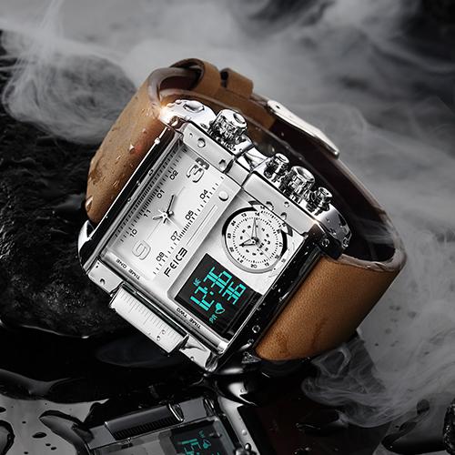 FEICE Multifunctional Square Men's Watch 2024 New Personality Large Dial Fashion Sports Watch Luminous Waterproof Rare Watch Silver