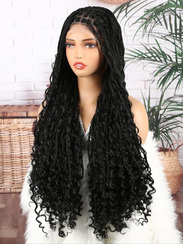 32 Inch Long Deep Wave Braided Lace Wigs for Women,  Braids Hairstyles, Gorgeous Fluffy Wigs with Baby Hair Bangs, Synthetic Lace Braid Wigs for Party, Daily Use Boho Braids Hairstyles