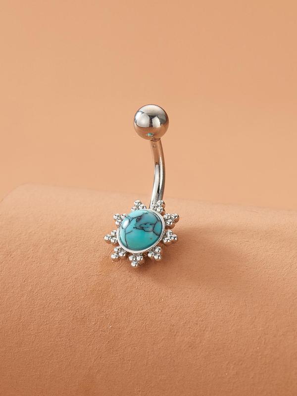 Fashion Turquoise Flower Decor Belly Ring, Casual Stainless Steel Body Jewelry for Women, Elegant All-match Fashion Accessories for Daily Wear