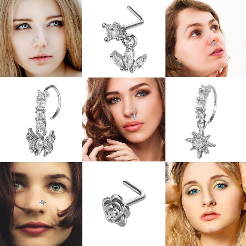 20Pcs 20G Dangle Nose Ring L Shaped Dangling Nose Stud for Women Stainless Steel Hoops Nose Piercing Jewelry