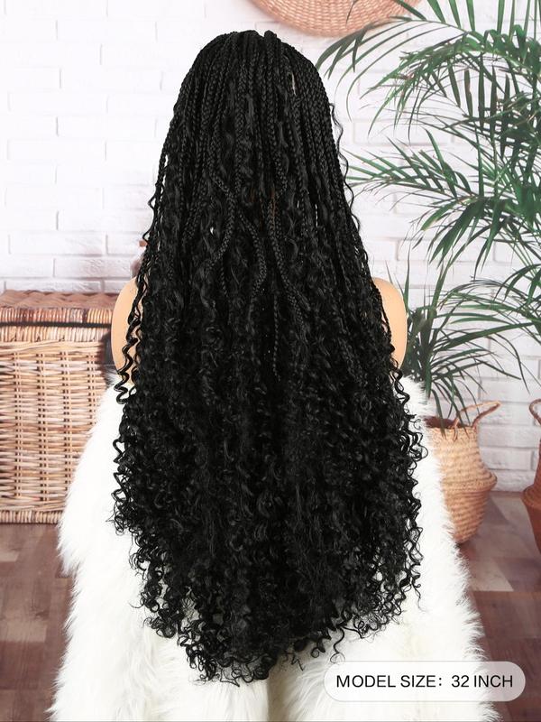 32 Inch Long Deep Wave Braided Lace Wigs for Women,  Braids Hairstyles, Gorgeous Fluffy Wigs with Baby Hair Bangs, Synthetic Lace Braid Wigs for Party, Daily Use Boho Braids Hairstyles