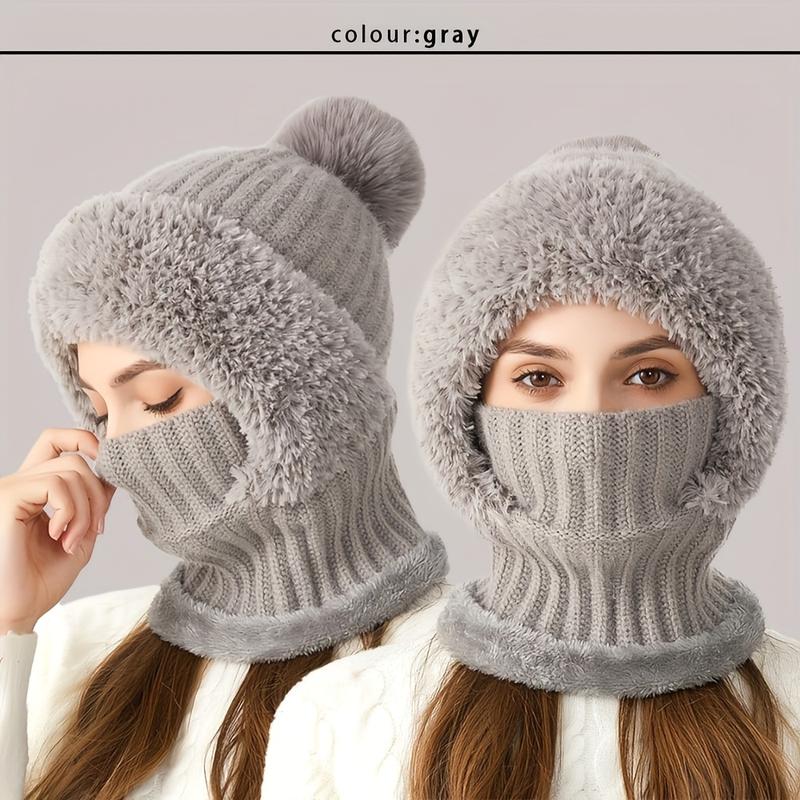 A Winter Knitted Hat-3-in-1 Knitted Hat Scarf Mask with Wool Lining and Ear Flaps Suit-Windproof Warming Kerchief Scarf, Suitable for Cycling, Acrylic Hand Wash Elastic Braided Hat, No Feather