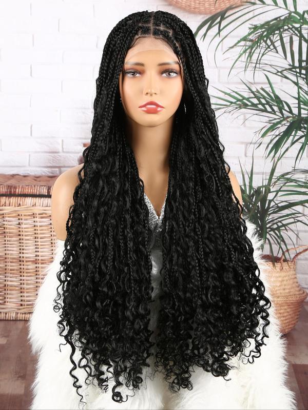 32 Inch Long Deep Wave Braided Lace Wigs for Women,  Braids Hairstyles, Gorgeous Fluffy Wigs with Baby Hair Bangs, Synthetic Lace Braid Wigs for Party, Daily Use Boho Braids Hairstyles