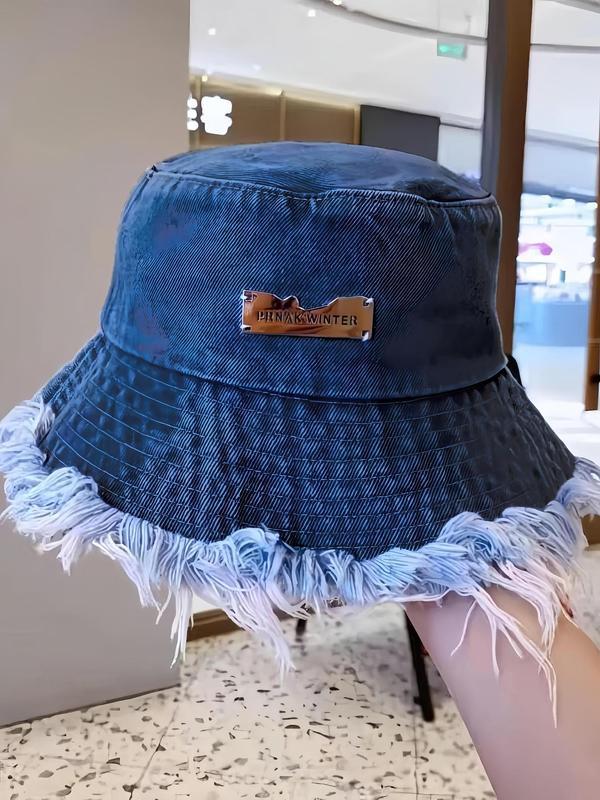 Letter Patch Washed Raw Trim Bucket Hat , Casual Outdoor Sun Protection Cap for Women & Men, Fashion Accessories for Daily & Back To School